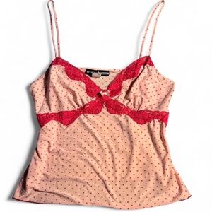 Studio Y Women's Pink Polka Dot Lace Trim Top